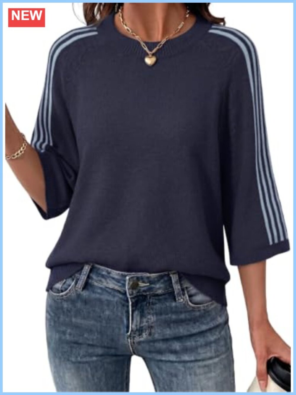 Oversized Cropped 3/4 Sleeve Knit Sweater Women Crew Neck Drop Shoulder